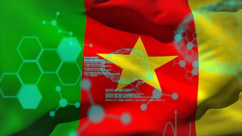 Animation of data processing with brain and molecules over flag of cameroon Stock Footage 309356600