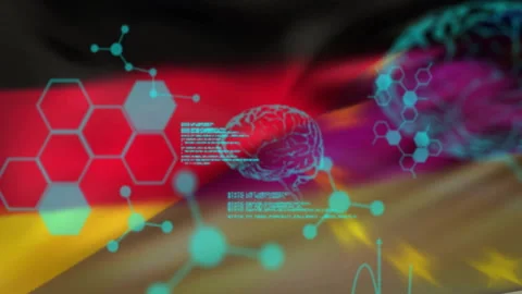 Animation of data processing with brain and molecules over flag of germany and Stock Footage 309356602