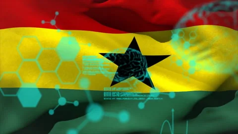 Animation of data processing with brain and molecules over flag of ghana Stock Footage 309356603