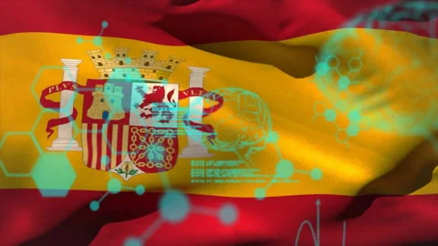 Animation of data processing with brain and molecules over flag of spain Stock Footage 309356604