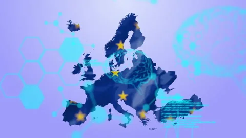 Animation of data processing with brain and molecules over europe map with flag Stock Footage 309356616