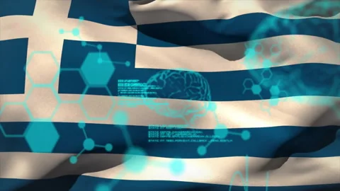 Animation of data processing with brain and molecules over flag of greece Stock Footage 309356630