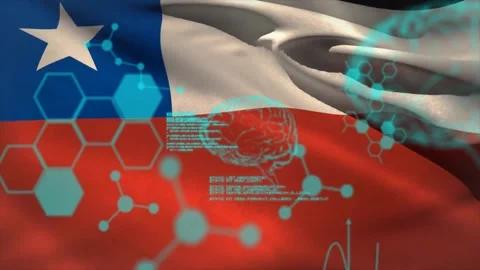 Animation of data processing with brain and molecules over flag of chile Stock Footage 325962113