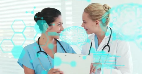 Animation of data processing with brains and molecules over diverse female Stock Footage 309355221