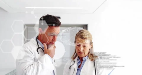 Animation of data processing with brains and molecules over diverse doctors Stock Footage 309355239