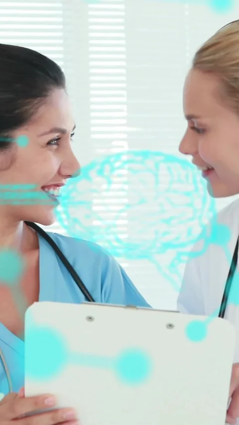 Animation of data processing with brains and molecules over diverse female Stock Footage 320330765