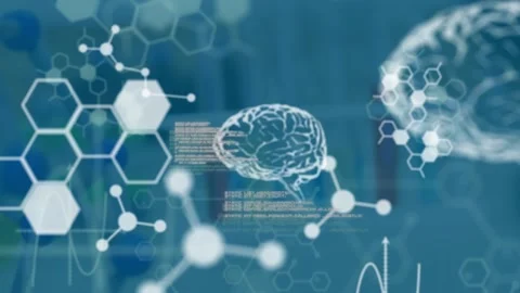 Animation of data processing, brains and chemical formulas over test tubes Stock Footage 327713835