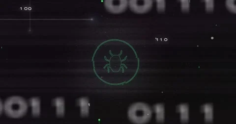 Animation of data processing with bug icon and computer circuit board on black Stock Footage 328083865