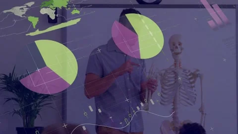 Animation of data processing on charts over diverse male teacher and class Stock Footage 327124779