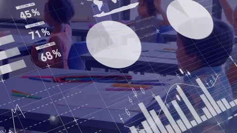 Animation of data processing on charts over diverse children in elementary Stock Footage 329771995