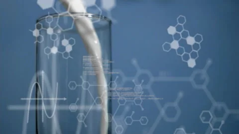 Animation of data processing with chemical formula over glass of milk on blue Stock Footage 309599191