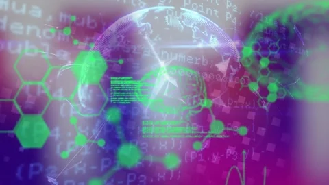 Animation of data processing with chemical formula and digital brain over globe Stock Footage 330586771