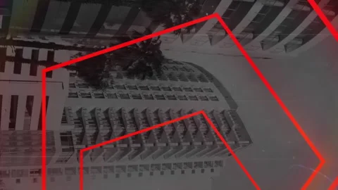 Animation of data processing, cityscape and red neon pattern Stock Footage 312487363