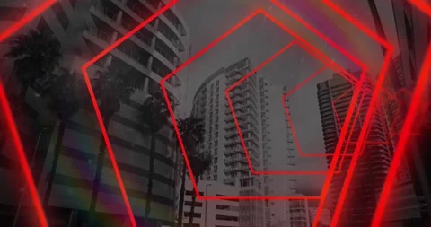 Animation of data processing, cityscape and red neon pattern Stock Footage 328811387