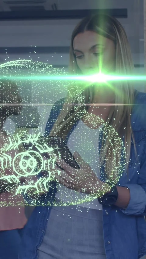 Animation of data processing with cloud and cogs over caucasian businesswoman in Video stock 343640970
