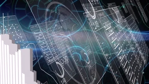 Animation of data processing, cogs and graph over dark background Stock Footage 327592455