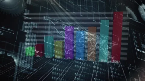 Animation of data processing, colorful graph and world map on black background Stock Footage 329364469