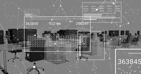 An animation of data processing on computer screens in an office setting Stock Footage 329027906