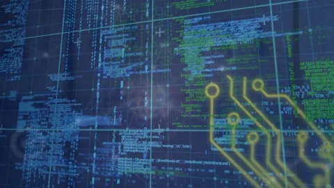 Animation of data processing with connecting dots, hud elements on digital Stock Footage 205113712
