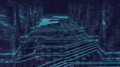 Animation of data processing with connecting dots, hud elements on digital Stock Footage 325774019