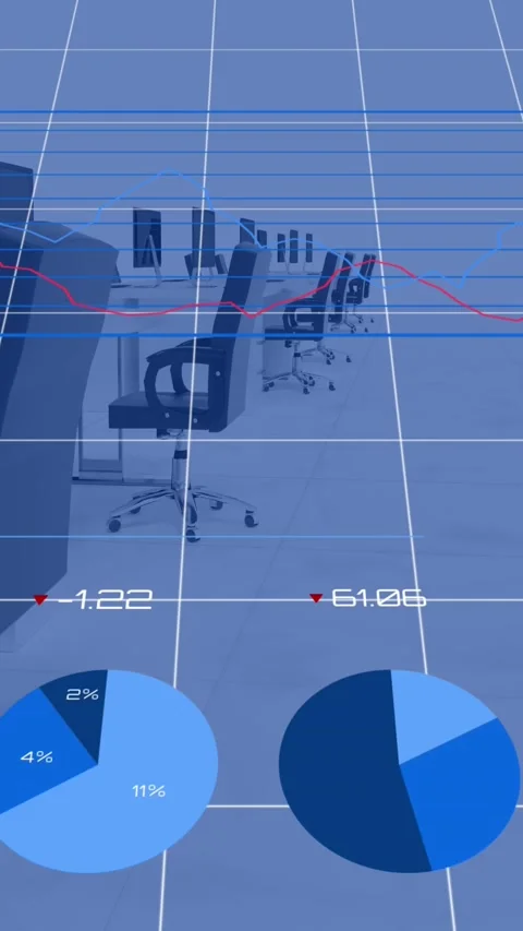 Animation of data processing with diagrams over office with computers Stock Footage 343996378