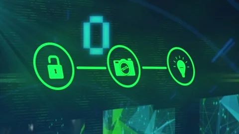 Animation of data processing with digital icons over binary coding Stock Footage 327847362