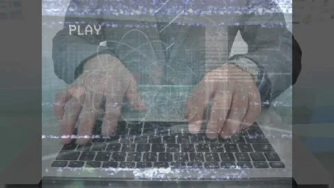 Animation of data processing with digital interface over businessman typing on Stock Footage 328149907
