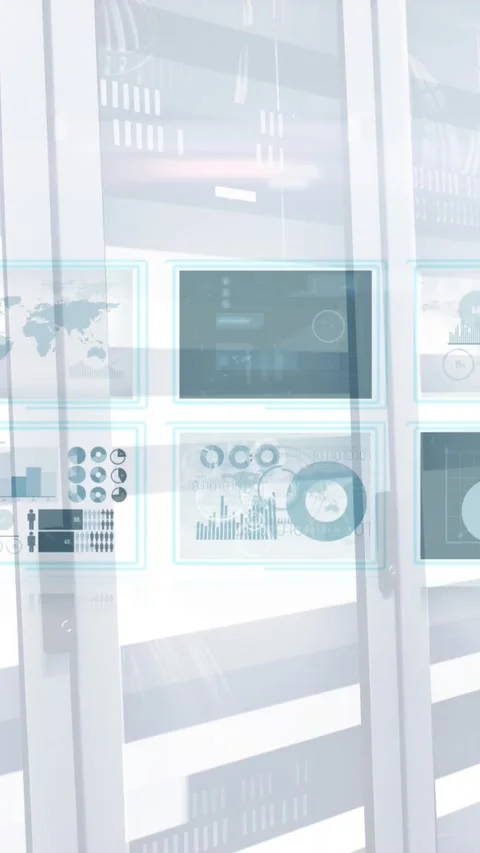 Animation of data processing on digital screens over tech room with computer Stock Footage 331643355