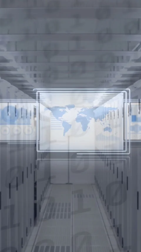 Animation of data processing on digital screens over tech room with computer Stock Footage 341658339
