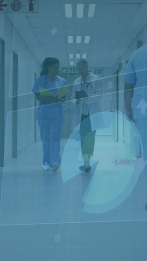 Animation of data processing on diverse female doctor and health worker reading Stock Footage 344745642