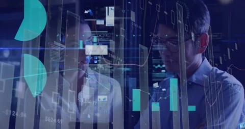 Animation of data processing, diverse male and female it engineers by computer Stock Footage 329218196