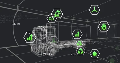 Animation of data processing with ecology icons and digital lorry over digital Stock Footage 330061564