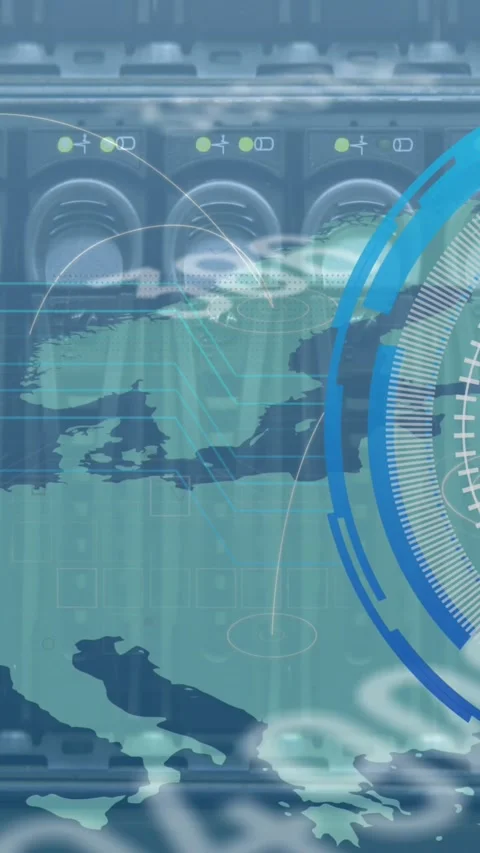 Animation of data processing with eye icon and world map over server room Stock Footage 342802019