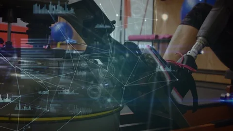 Animation of data processing with female disabled athlete with prosthetic leg 스톡 동영상 125859925
