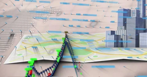 Animation of data processing, financial graphs, map and skyscrapers on beige Stock Footage 329568433