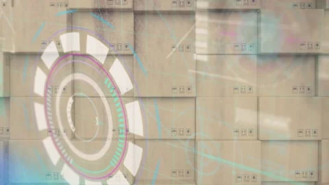 Animation of data processing with glitch over stack of cardboard boxes Stock Footage 159967555