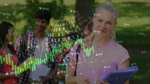 Animation of data processing with globe and binary coding over diverse students Stock Footage 327526042