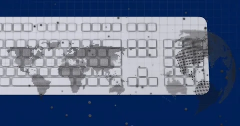 Animation of data processing, globe and world map over computer keyboard Stock Footage 328087356