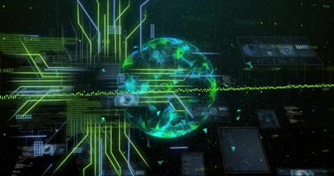 Animation of data processing with globe and network of connections on black Stock Footage 328934836