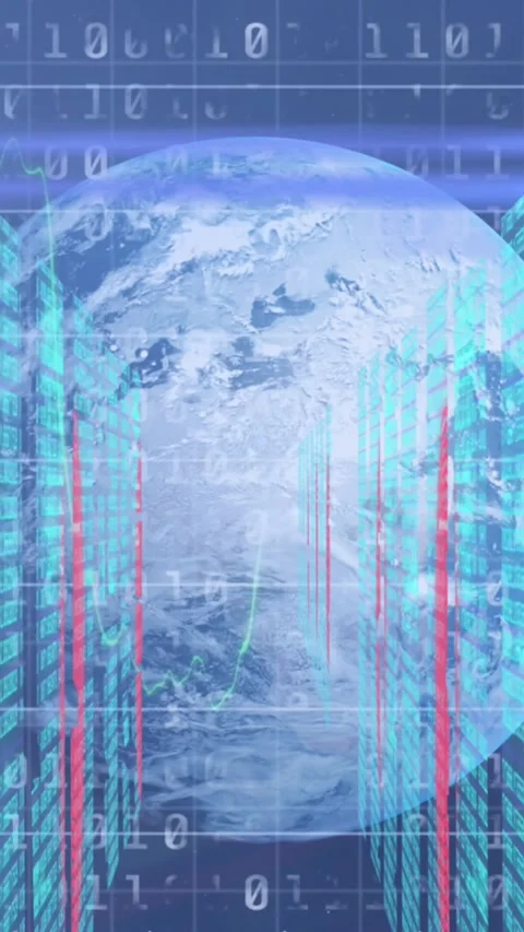 Animation of data processing, globe and lights on navy background Stock Footage 344765609
