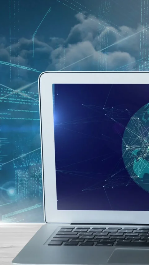 Animation of data processing with globe on computer screen over clouds Video stock 343609614