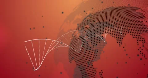 Animation of data processing with globe over dna strand on orange background Stock Footage 327845122