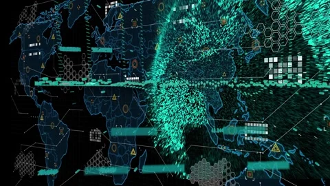 Animation of data processing with globe over world map on black background Stock Footage 329579022