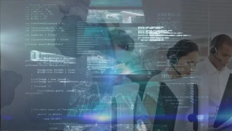Animation of data processing with globe over diverse business people using phone Stock Footage 330664134