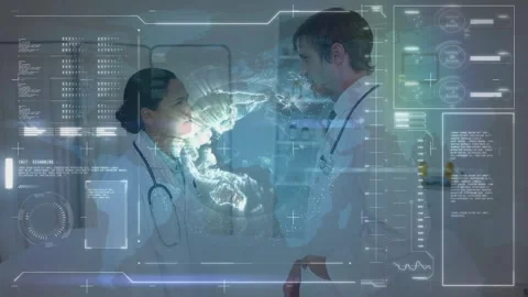 Animation of data processing with globe over diverse doctors Stock Footage 330728357