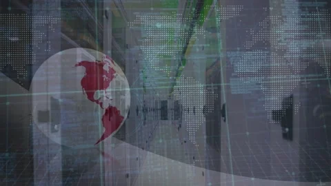 Animation of data processing, globe, world map and connections over server room Stock Footage 328976562