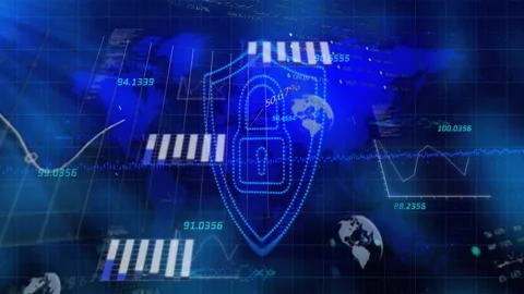 Animation of data processing with globes over shield and padlock icon and world Video stock 303951110