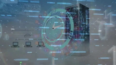 Animation of data processing with graph and clock over server Stock Footage 328407404
