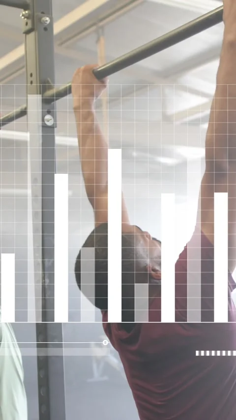 Animation of data processing on graph over diverse male group cross training at Stock Footage 323783021