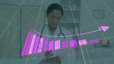 Animation of data processing with graph over female doctor taking notes Stock Footage 326100909